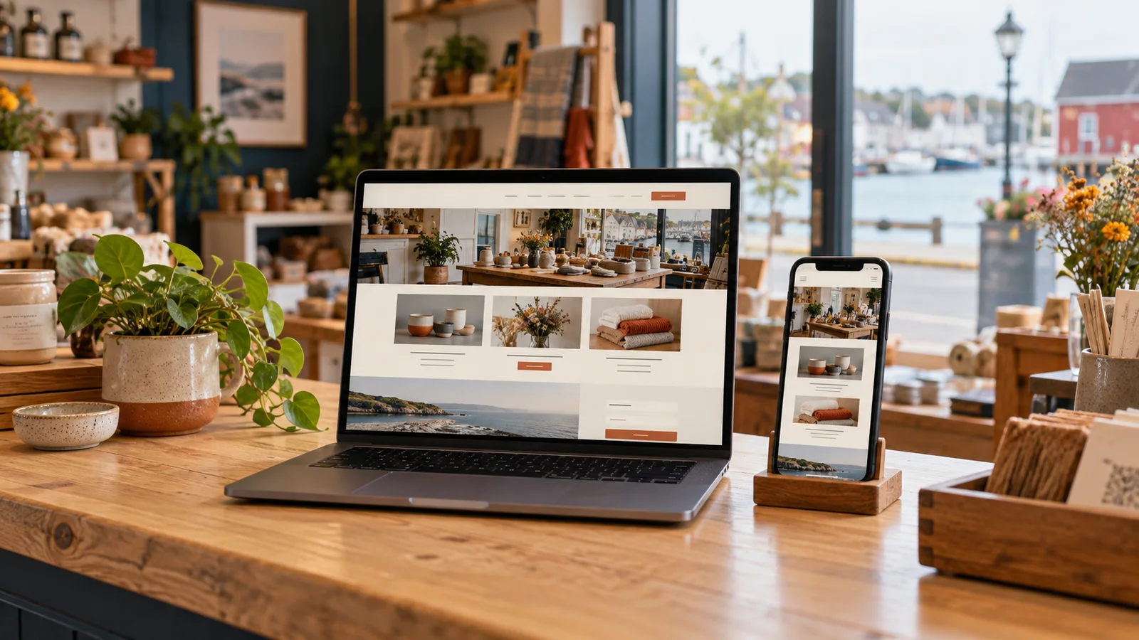 A laptop and smartphone displaying a small-business website on a shop counter; AI-generated illustration